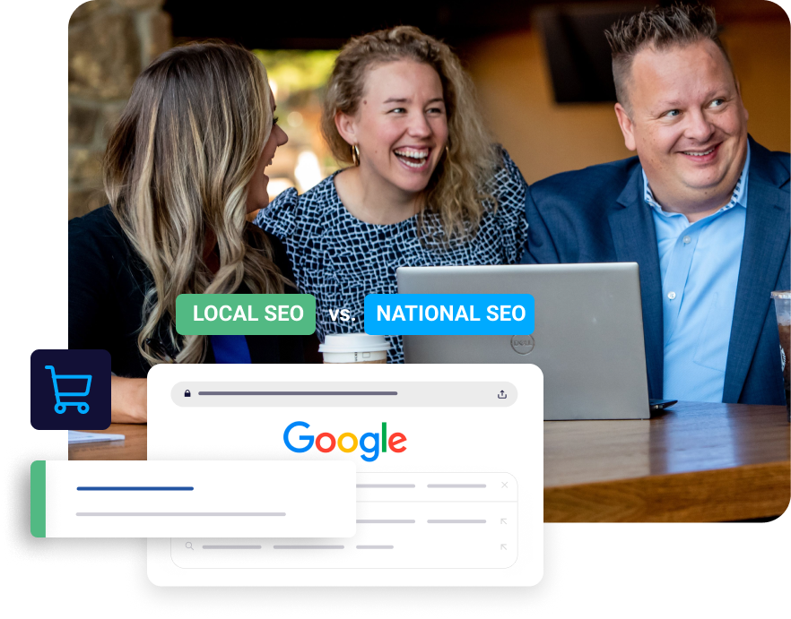 Three digital marketing professionals building an local and national SEO strategy